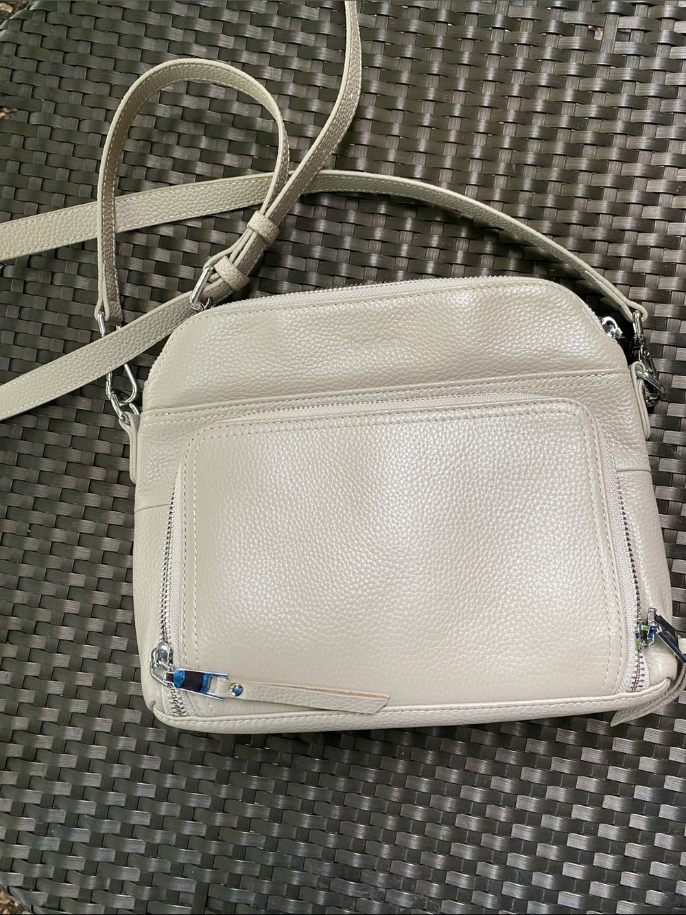 Cream Pebbled Leather Crossbody Bag with Front Zip Pocket